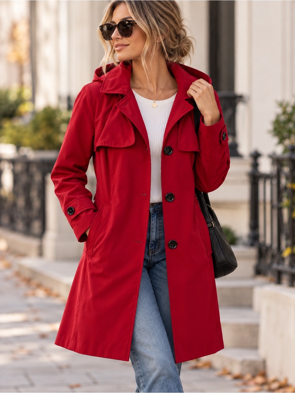 Calvin Klein Red Hooded Trench Coat Women’s XS S Rain Jacket